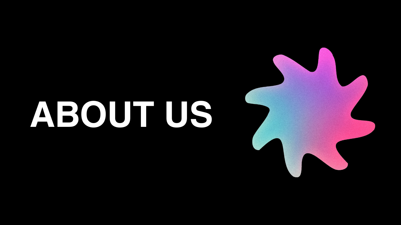 a colorful blot with white text about us